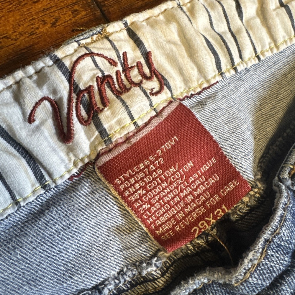 Vanity Flare Jeans 29x31 Women's Blue Mid Rise Stretch Y2K Flap Pocket - Picture 2 of 7
